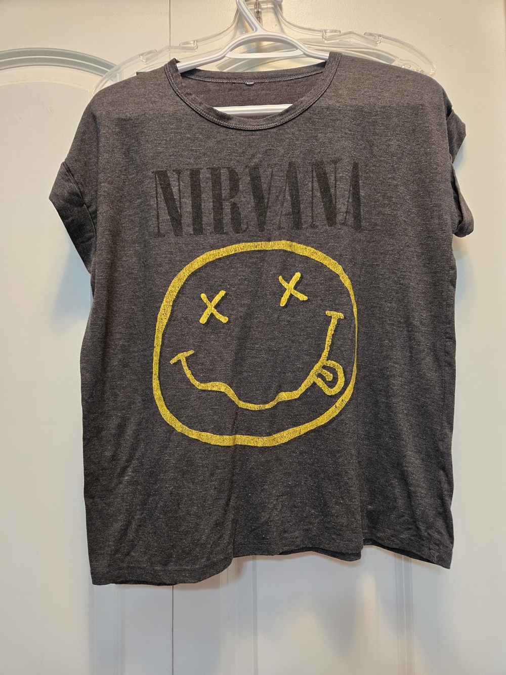 NIRVANA Women's Dark Gray Tee with Yellow Smiley Graphic